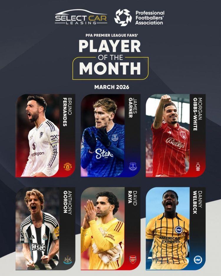 PFA球迷票选英超3月最佳候选：B费、戈登、拉亚、维尔贝克在列