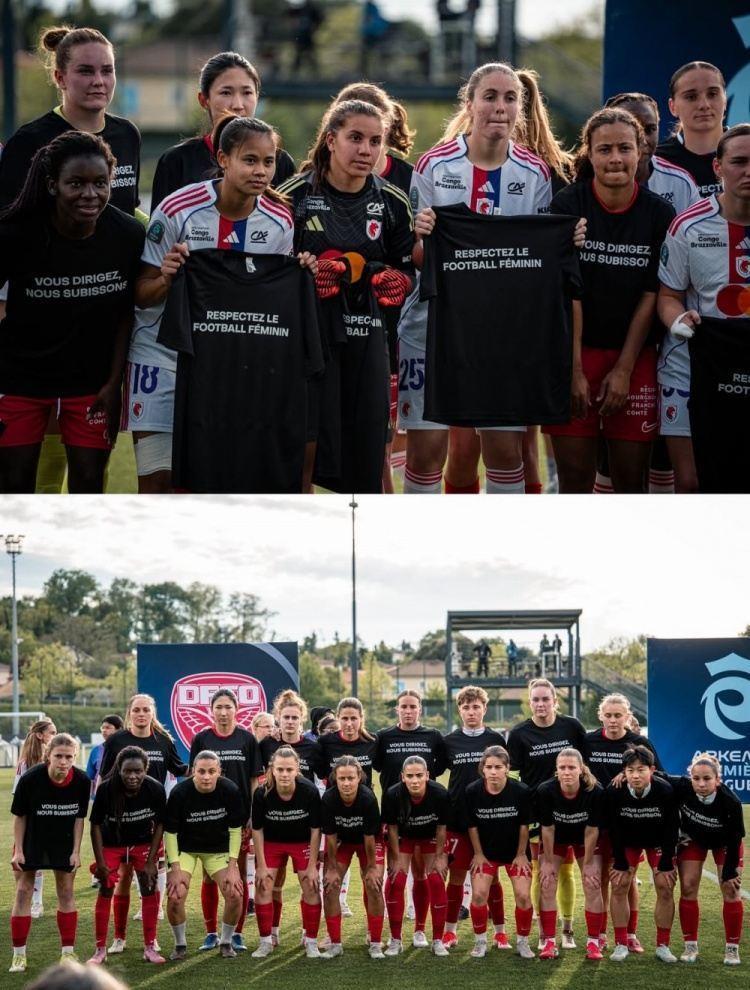 吴澄舒、王妍雯所在的第戎女足面临解散，在法甲赛前遮挡队徽抗议