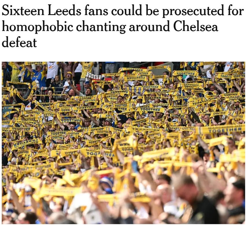 TA：16名利兹联球迷对阵切尔西喊恐同口号，后续可能面临起诉