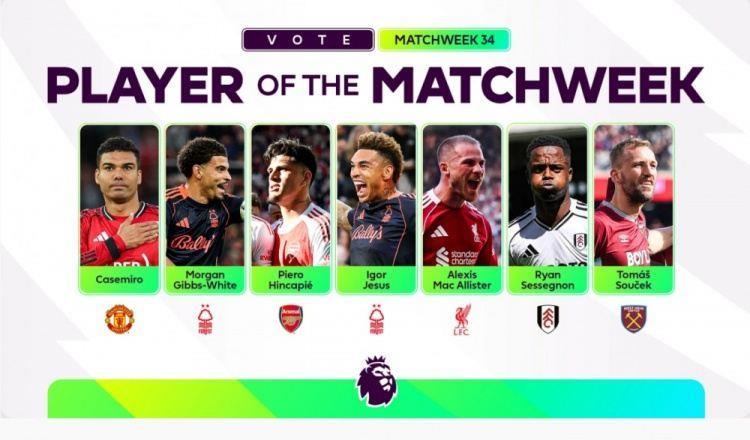 英超第34轮最佳球员候选：卡塞米罗、因卡皮耶、麦卡利斯特在列