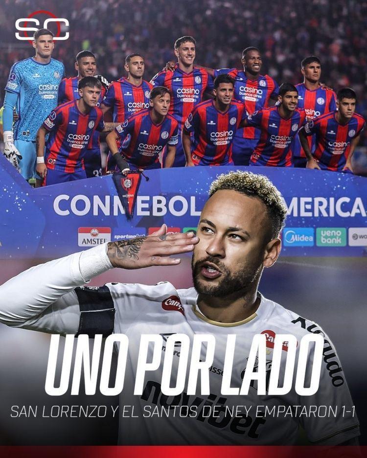 南美杯小组赛桑托斯客场1-1战平圣洛伦索，内马尔踢满全场