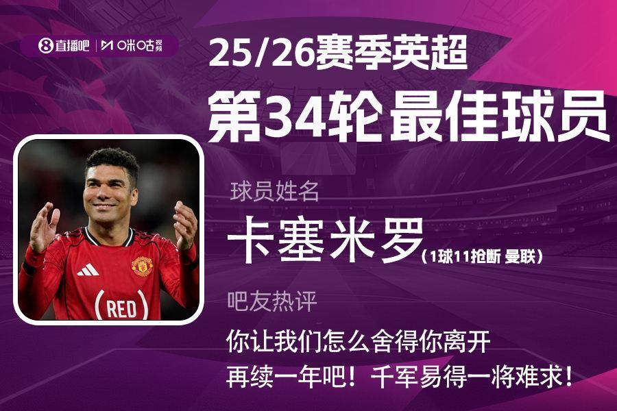 X咪咕体育|英超第34轮MVP：卡塞米罗！1球11抢断战神表现