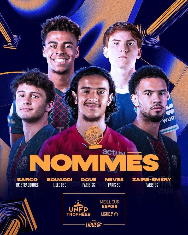 法甲赛季最佳新星候选：杜埃领衔巴黎3将，布阿迪、巴尔科在列