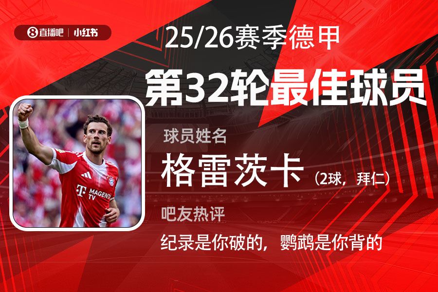 X小红书|德甲第32轮最佳：格雷茨卡双响，赛季第2次当选