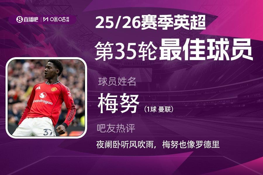 X咪咕体育|英超第35轮MVP：21岁梅努双红会攻入制胜球当选