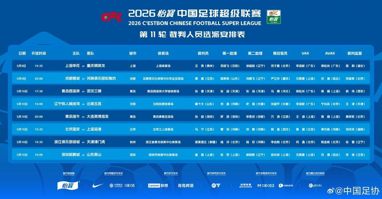 官方：马宁主哨明晚国安vs海港，麦麦提江执法浙江vs津门虎