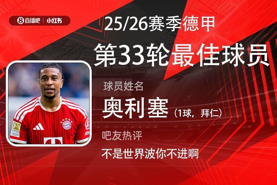 X小红书|德甲第33轮最佳：奥利塞招牌兜射制胜 第6次当选！