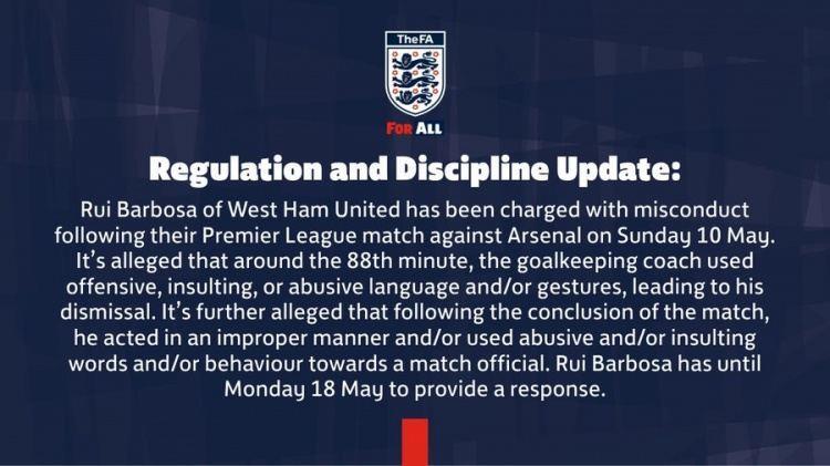 英足总官方：因对阵阿森纳时行为不当，指控西汉姆门将教练巴博萨