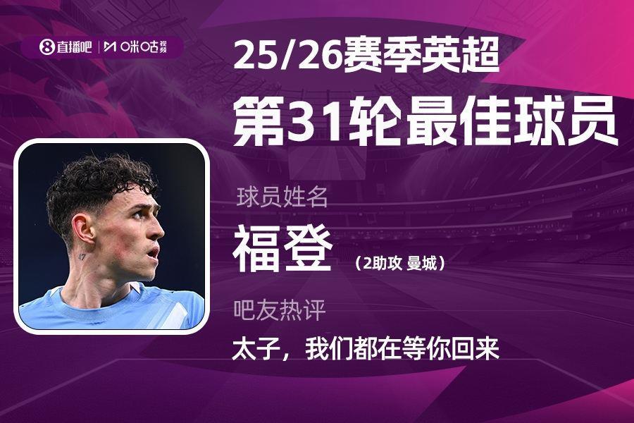 X咪咕体育|英超第31轮MVP：福登助攻双响，曼城太子回来了!
