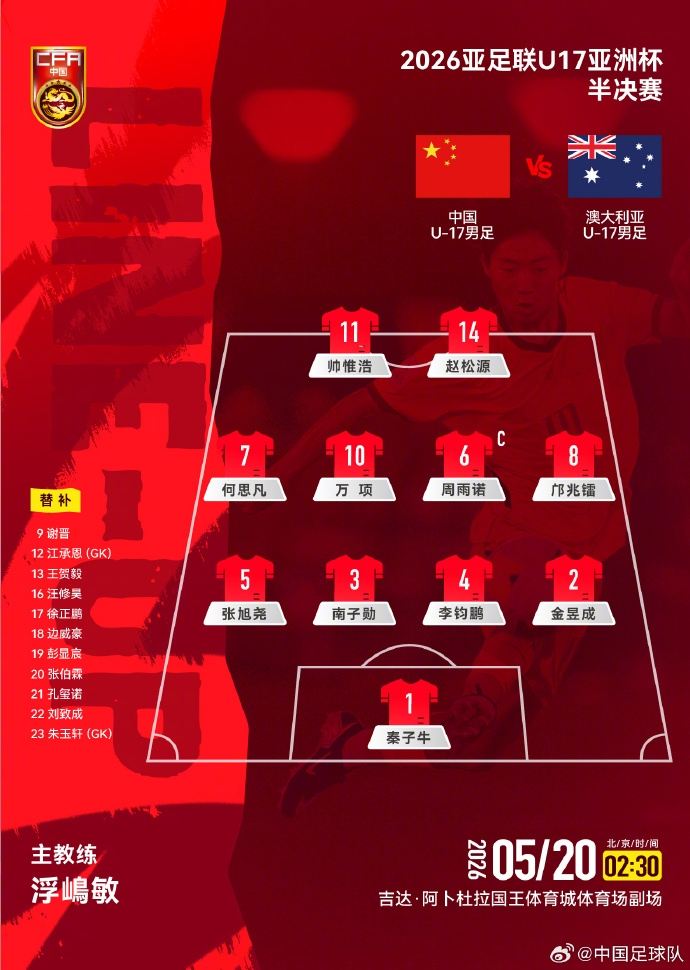 国足U17vs澳大利亚首发：帅惟浩、邝兆镭、万项先发，谢晋替补