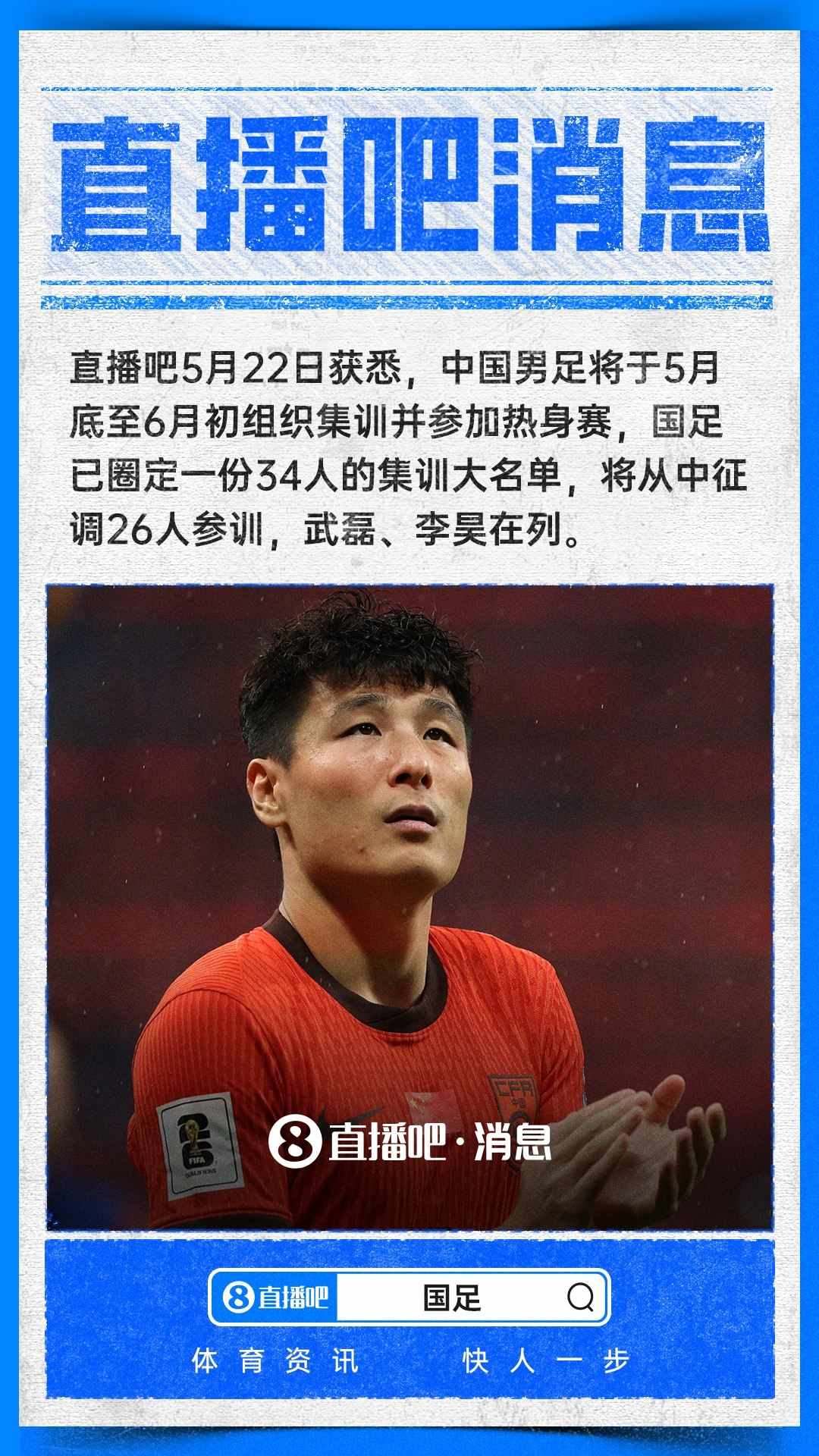 ：国足圈定集训大名单，从中征调26人参训，武磊、李昊在列