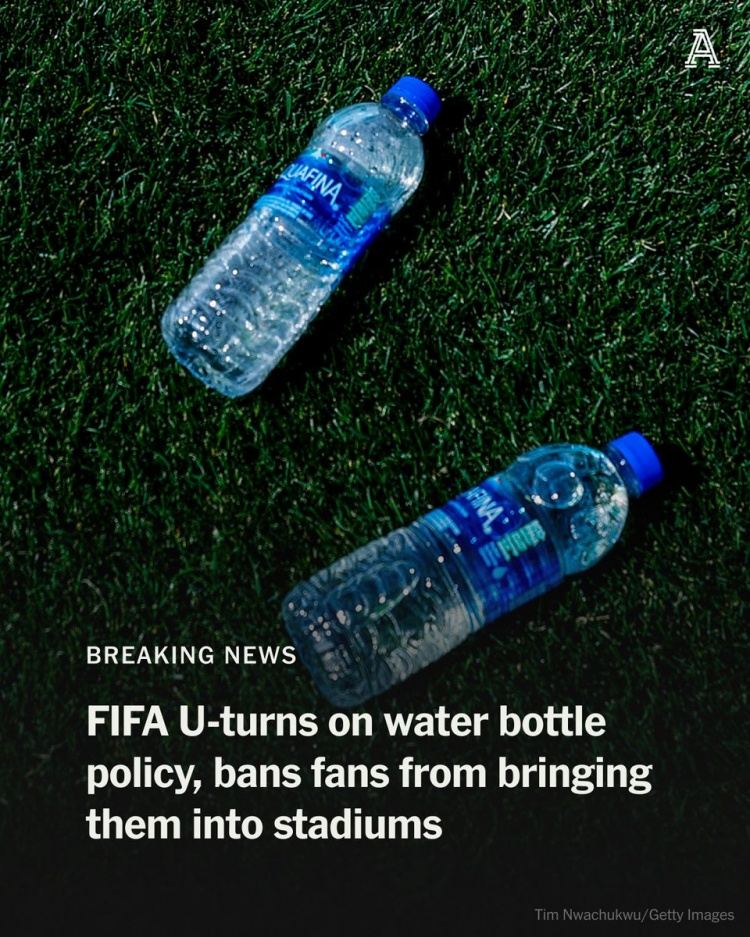 TA：FIFA允许球迷携带密封塑料水瓶，但暂不适用于墨西哥赛区