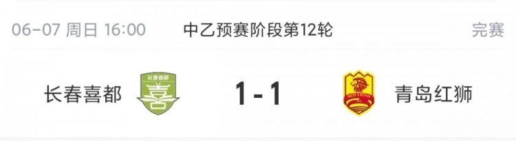 中乙综述：长春喜都1-1青岛红狮各取1分，两队仍居北区倒数二三名