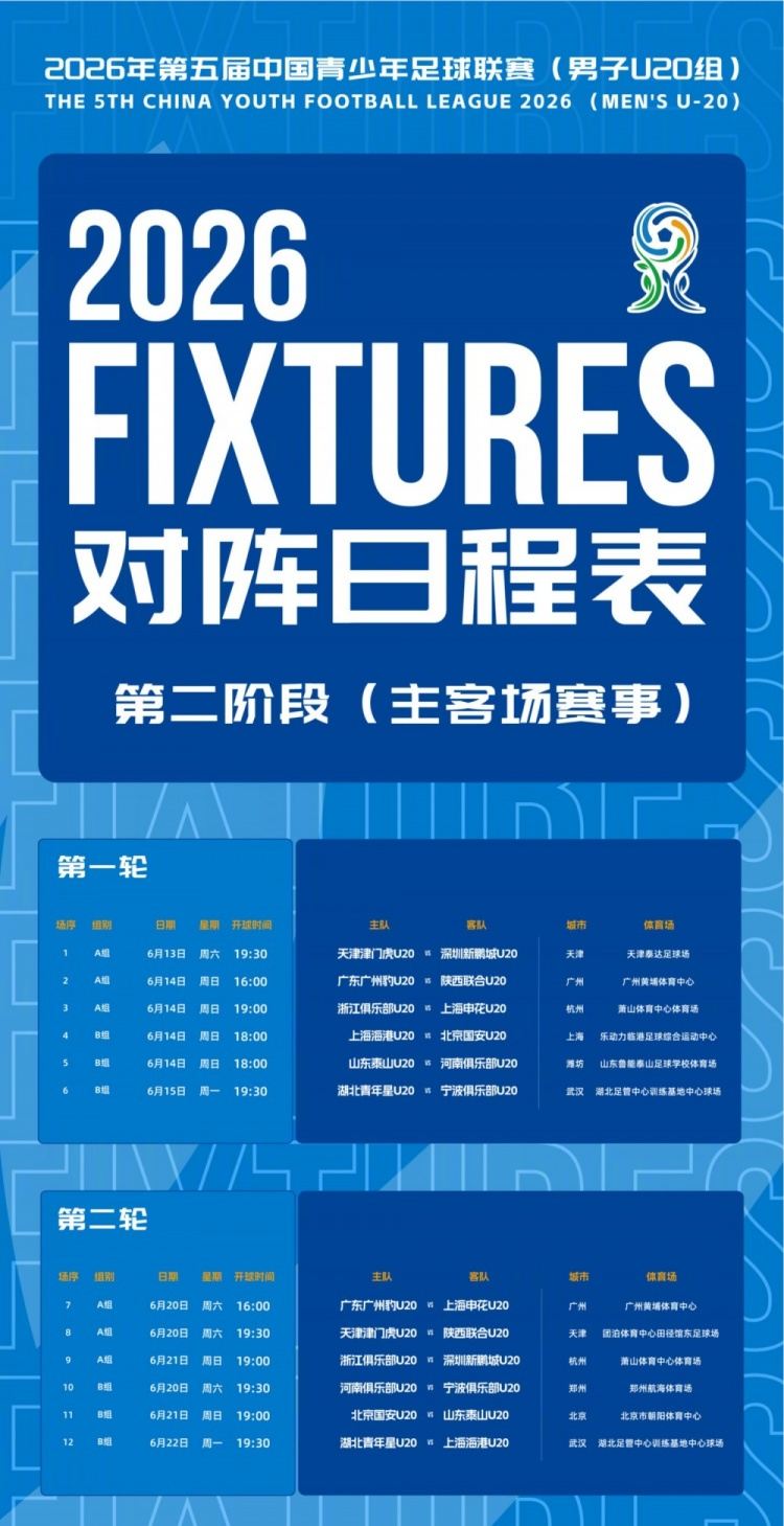 北京国安U20第二阶段主客场赛事赛程安排来啦！