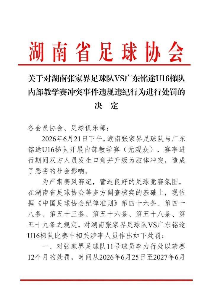 湖南省足协公布对张家界队处罚：一球员禁赛1年，三球员禁赛半年