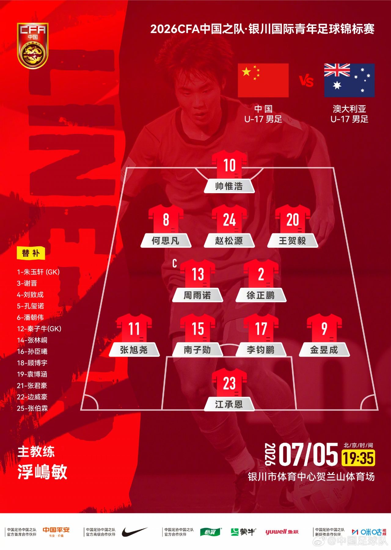 U17国足官方阵型图：4231！周雨诺、徐正鹏双后腰，帅惟浩单箭头
